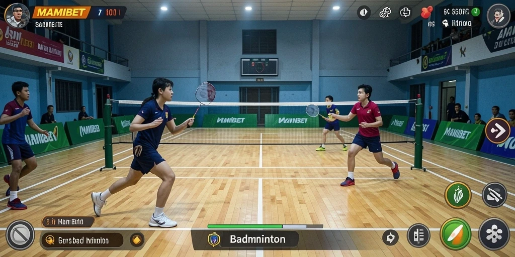 Antarmuka MAMIBET menampilkan grafis badminton yang menarik dan interaktif.